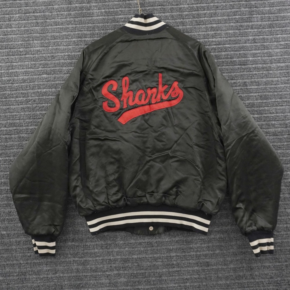 Vintage 70s Don Alleson Athletic Bomber Jacket Mens L Black Sharks Patch Varsity